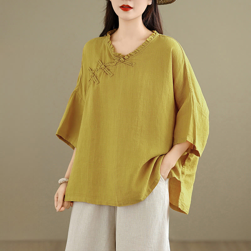 Nimara Ritual Spring V-Neck Frog-Button Long Sleeve Plain Women's Cotton Shirt