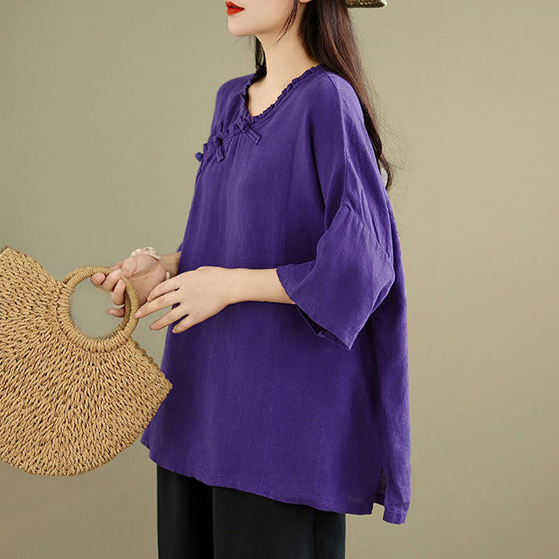 Nimara Ritual Spring V-Neck Frog-Button Long Sleeve Plain Women's Cotton Shirt