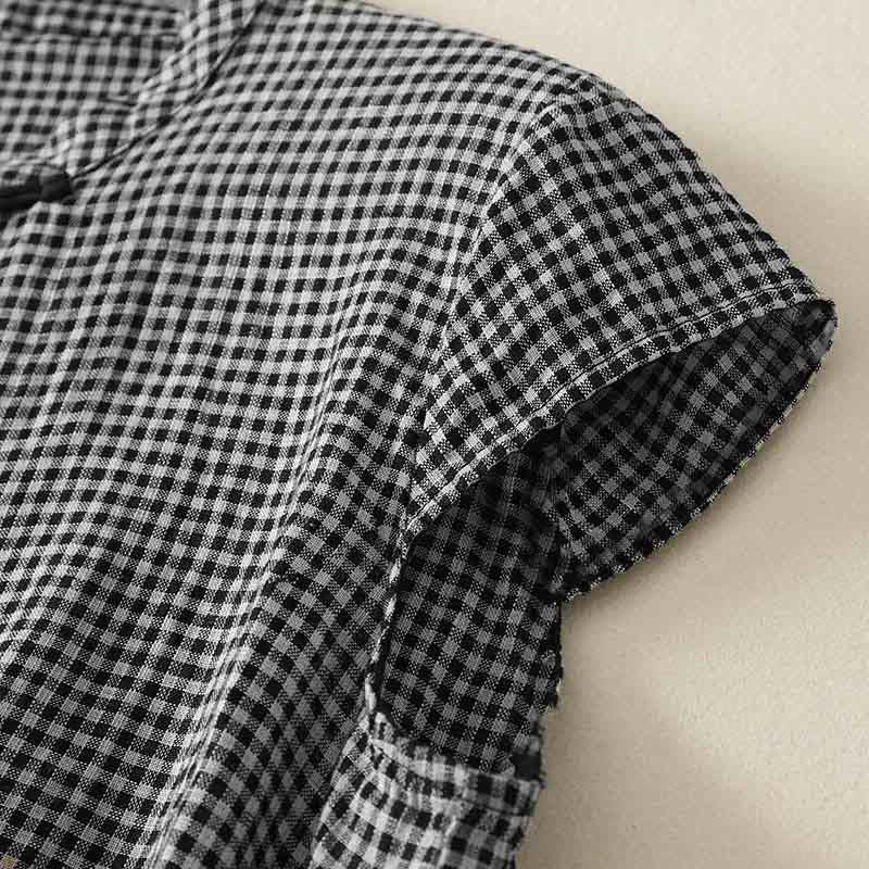 Nimara Ritual Summer Crew Neck Frog-Button Short Sleeve Plaid Women's Shirt