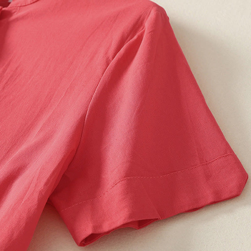 Nimara Ritual Summer Stand Collar Short Sleeve Plain Women's Buttons Cotton Shirt With Pocket