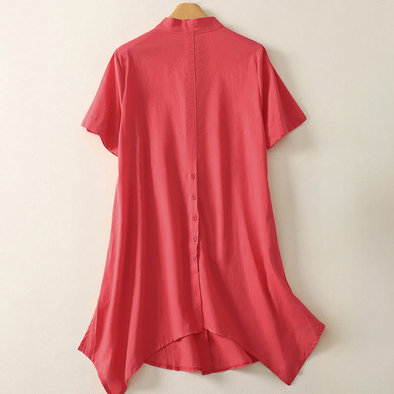 Nimara Ritual Summer Stand Collar Short Sleeve Plain Women's Buttons Cotton Shirt With Pocket