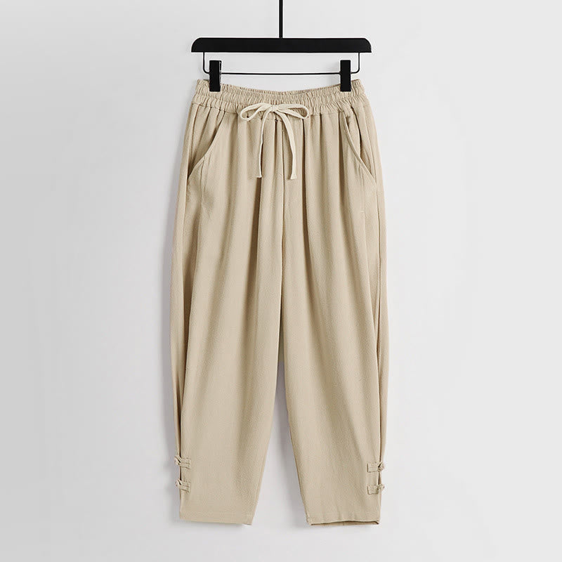 Nimara Ritual Summer Drawstring Elastic Waist Frog-Button Ankle-Length Men's Cotton Linen Pants With Pockets