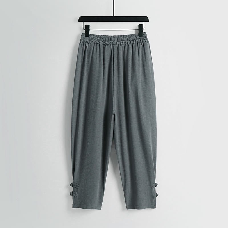 Nimara Ritual Summer Drawstring Elastic Waist Frog-Button Ankle-Length Men's Cotton Linen Pants With Pockets