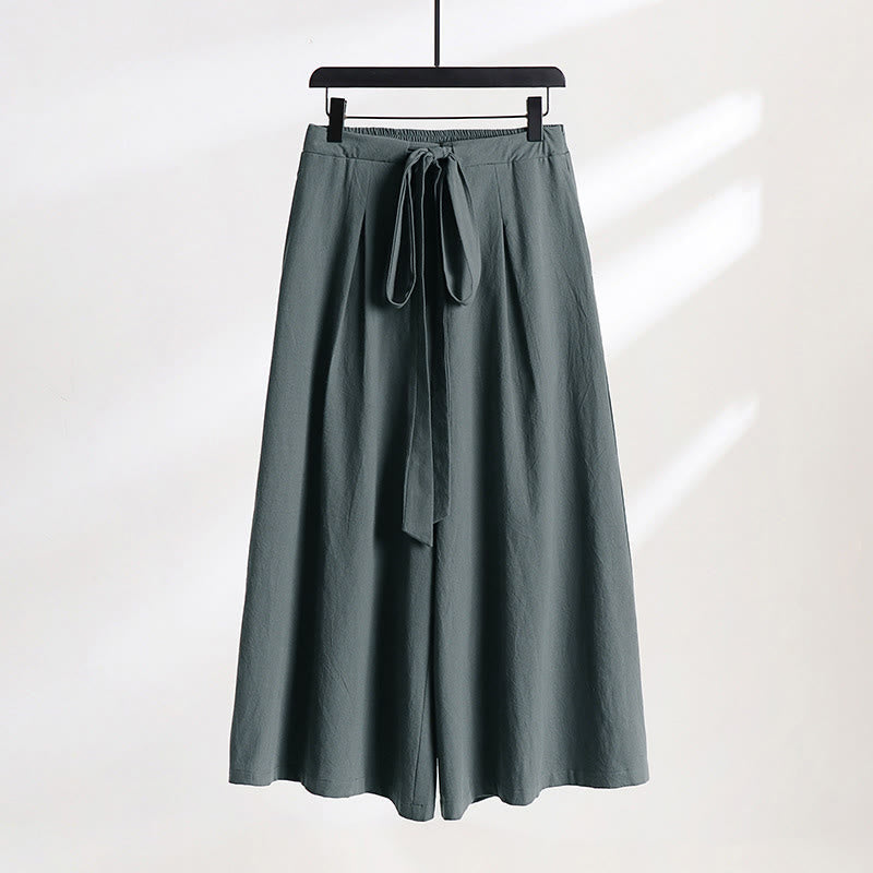 Nimara Ritual Plain Lace-up Drawstring Design Men's Ankle-Length Cotton Linen Wide Leg Pants With Pockets
