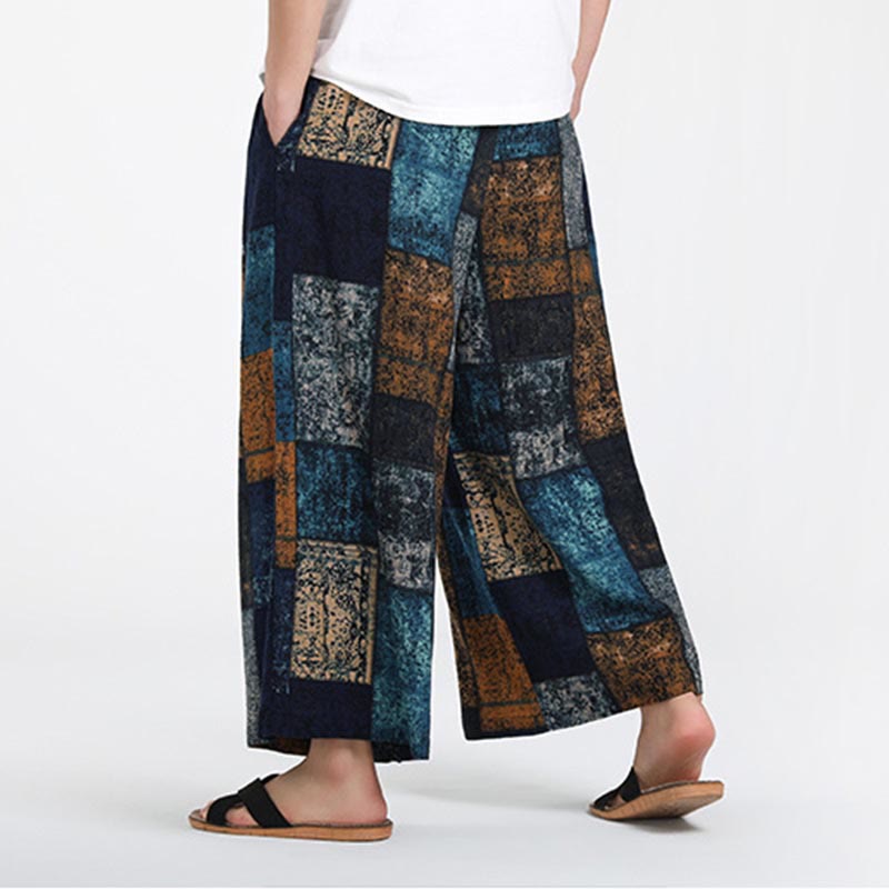 Nimara Ritual Summer Patchwork Design 7-8 Length Men's Wide Leg Pants With Pockets