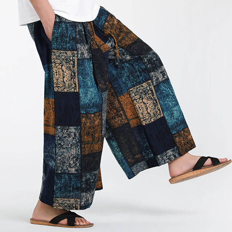 Nimara Ritual Summer Patchwork Design 7-8 Length Men's Wide Leg Pants With Pockets