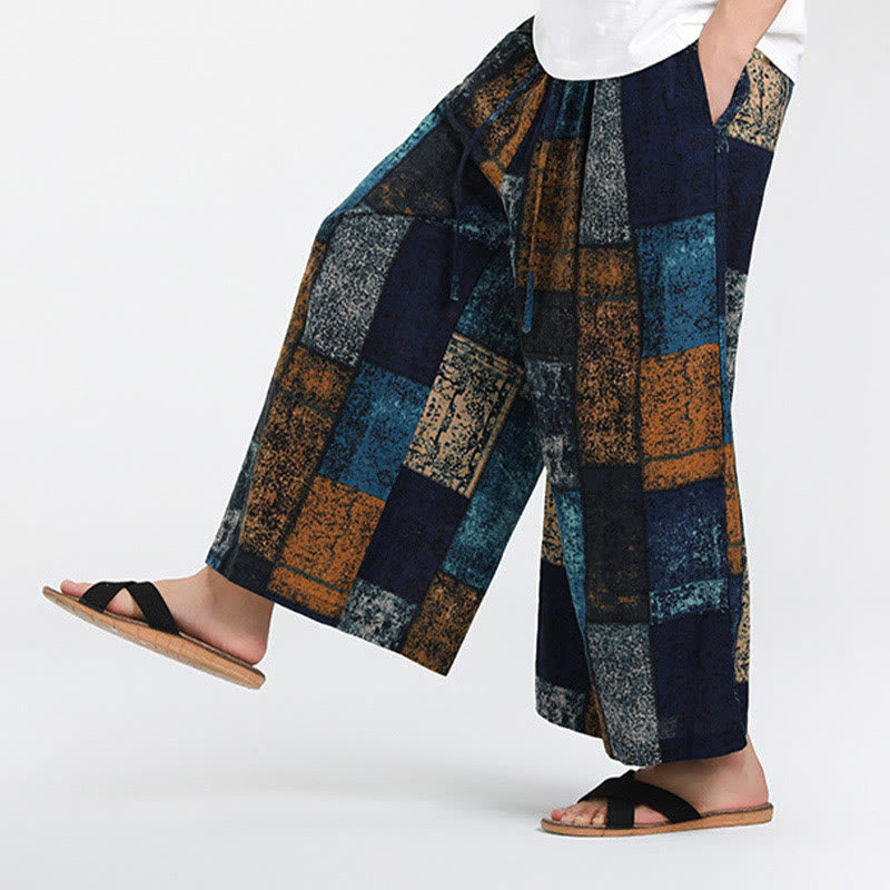 Nimara Ritual Summer Patchwork Design 7-8 Length Men's Wide Leg Pants With Pockets