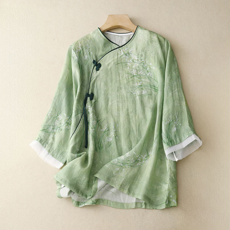 Nimara Ritual White Orchid Red Flowers Frog-Button Design Three Quarter Sleeve Women's Shirt