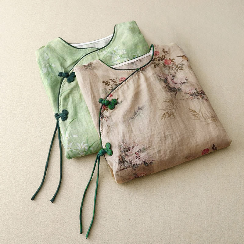 Nimara Ritual White Orchid Red Flowers Frog-Button Design Three Quarter Sleeve Women's Shirt