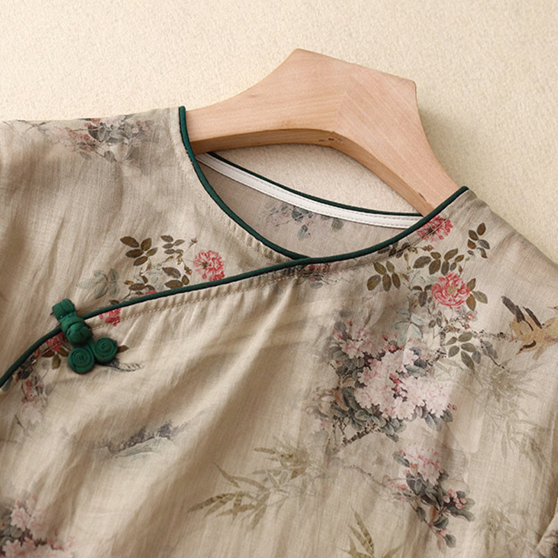 Nimara Ritual White Orchid Red Flowers Frog-Button Design Three Quarter Sleeve Women's Shirt