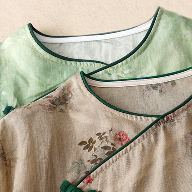 Nimara Ritual White Orchid Red Flowers Frog-Button Design Three Quarter Sleeve Women's Shirt