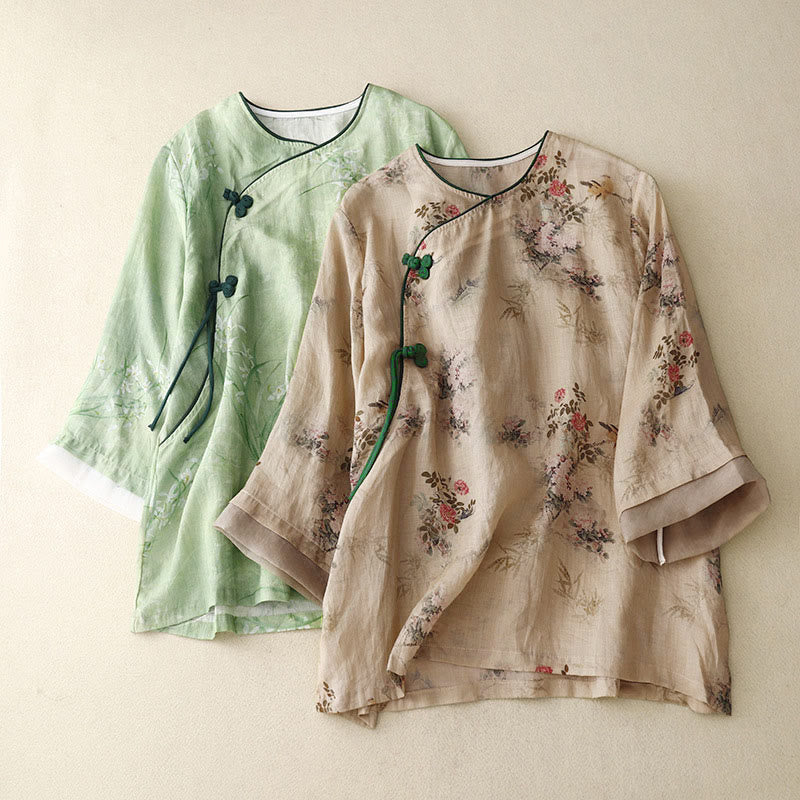 Nimara Ritual White Orchid Red Flowers Frog-Button Design Three Quarter Sleeve Women's Shirt