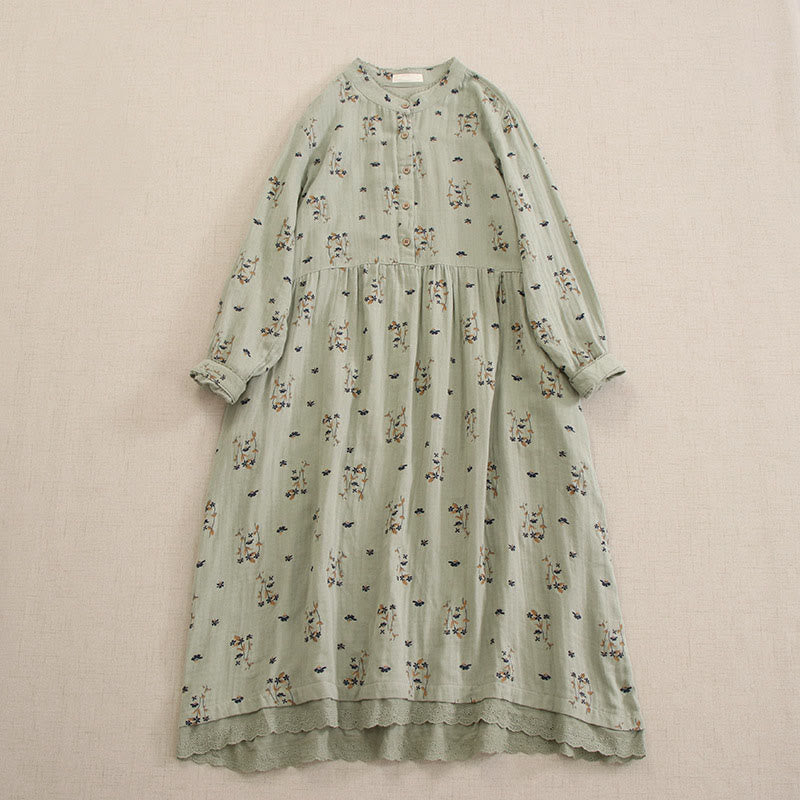 Nimara Ritual Spring Small Floral Print Buttons Design Crew Neck Long Sleeve Midi Dress With Pockets