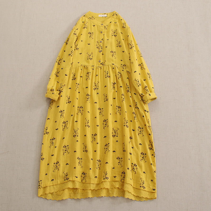 Nimara Ritual Spring Small Floral Print Buttons Design Crew Neck Long Sleeve Midi Dress With Pockets