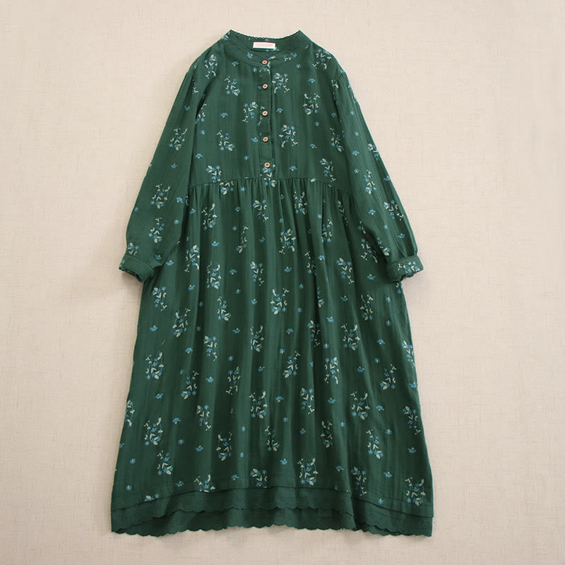 Nimara Ritual Spring Small Floral Print Buttons Design Crew Neck Long Sleeve Midi Dress With Pockets