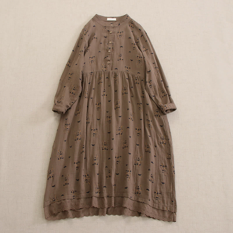 Nimara Ritual Spring Small Floral Print Buttons Design Crew Neck Long Sleeve Midi Dress With Pockets