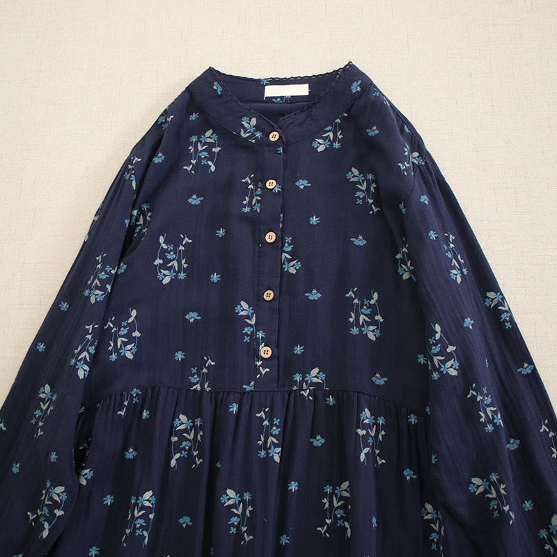 Nimara Ritual Spring Small Floral Print Buttons Design Crew Neck Long Sleeve Midi Dress With Pockets