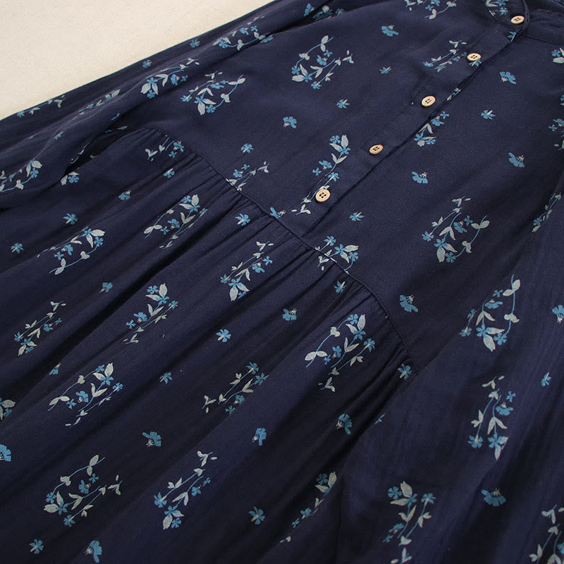 Nimara Ritual Spring Small Floral Print Buttons Design Crew Neck Long Sleeve Midi Dress With Pockets