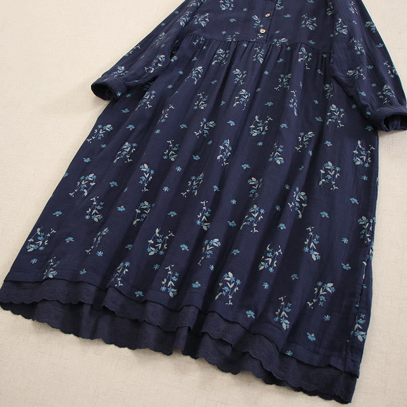 Nimara Ritual Spring Small Floral Print Buttons Design Crew Neck Long Sleeve Midi Dress With Pockets