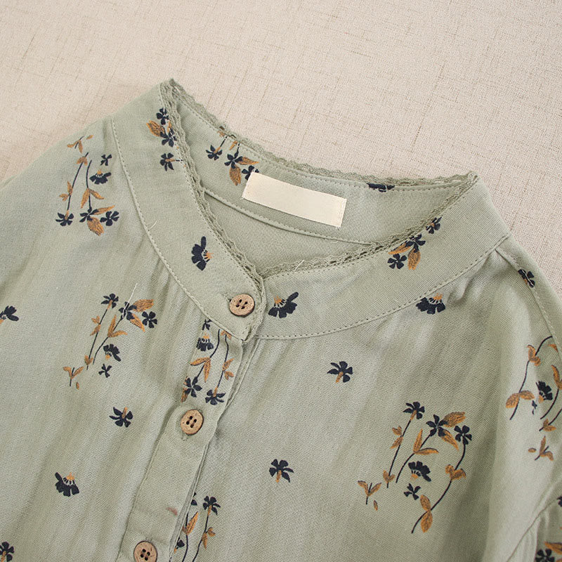 Nimara Ritual Spring Small Floral Print Buttons Design Crew Neck Long Sleeve Midi Dress With Pockets