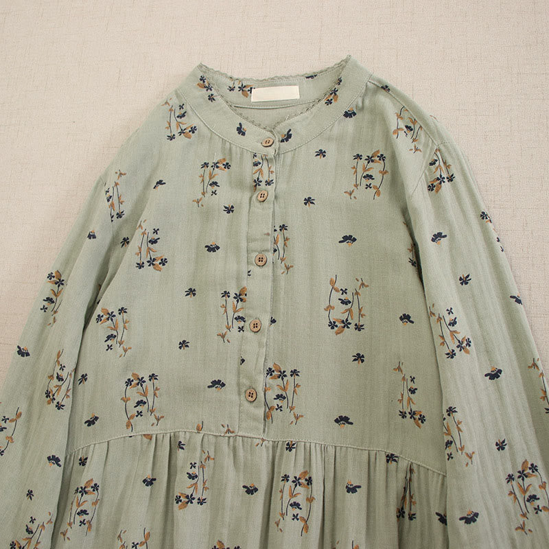 Nimara Ritual Spring Small Floral Print Buttons Design Crew Neck Long Sleeve Midi Dress With Pockets