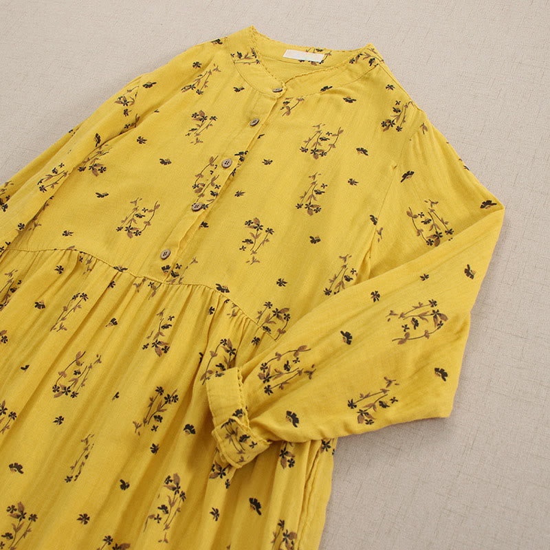 Nimara Ritual Spring Small Floral Print Buttons Design Crew Neck Long Sleeve Midi Dress With Pockets