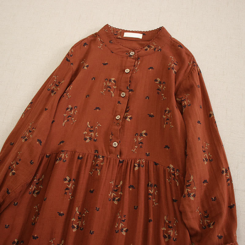 Nimara Ritual Spring Small Floral Print Buttons Design Crew Neck Long Sleeve Midi Dress With Pockets