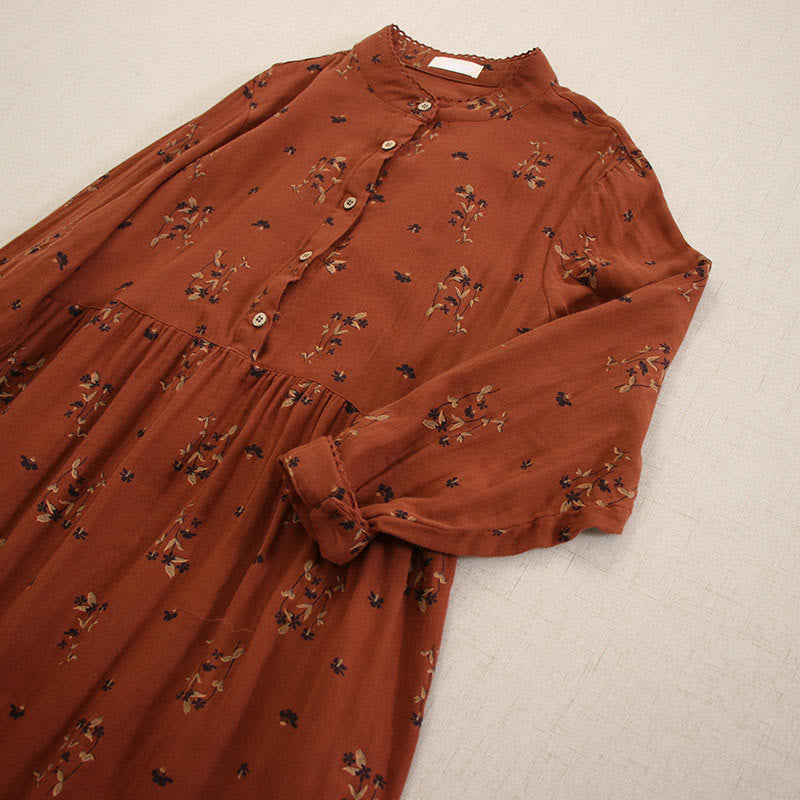 Nimara Ritual Spring Small Floral Print Buttons Design Crew Neck Long Sleeve Midi Dress With Pockets
