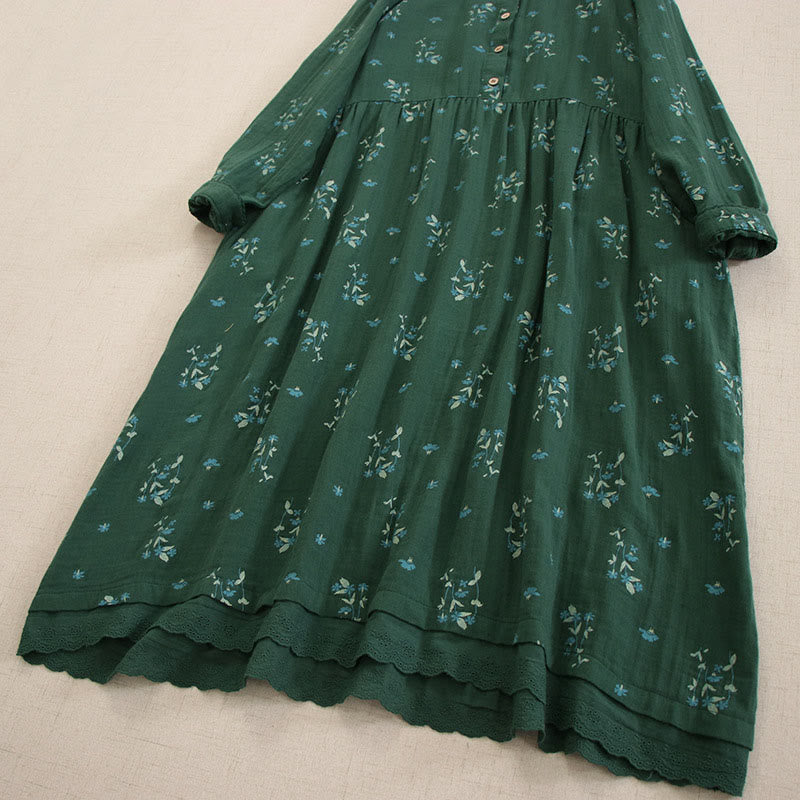 Nimara Ritual Spring Small Floral Print Buttons Design Crew Neck Long Sleeve Midi Dress With Pockets