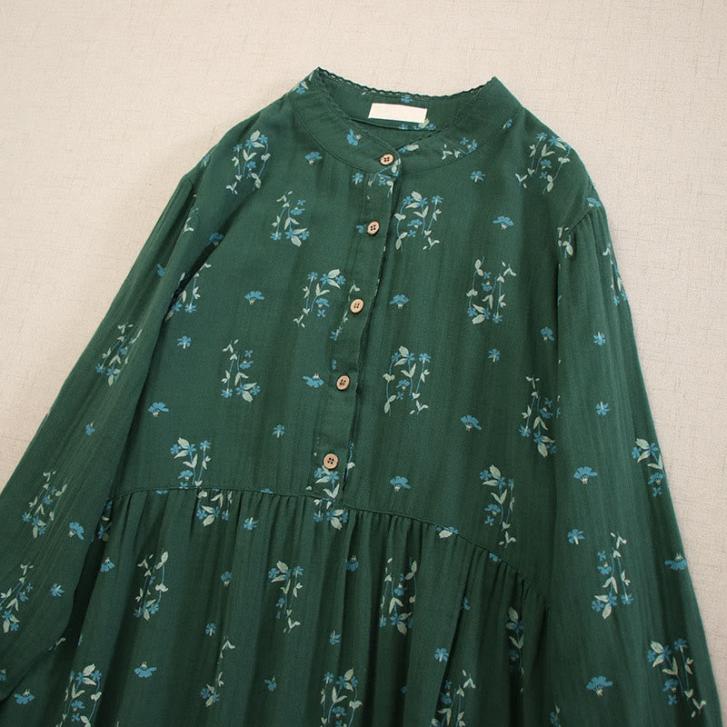 Nimara Ritual Spring Small Floral Print Buttons Design Crew Neck Long Sleeve Midi Dress With Pockets