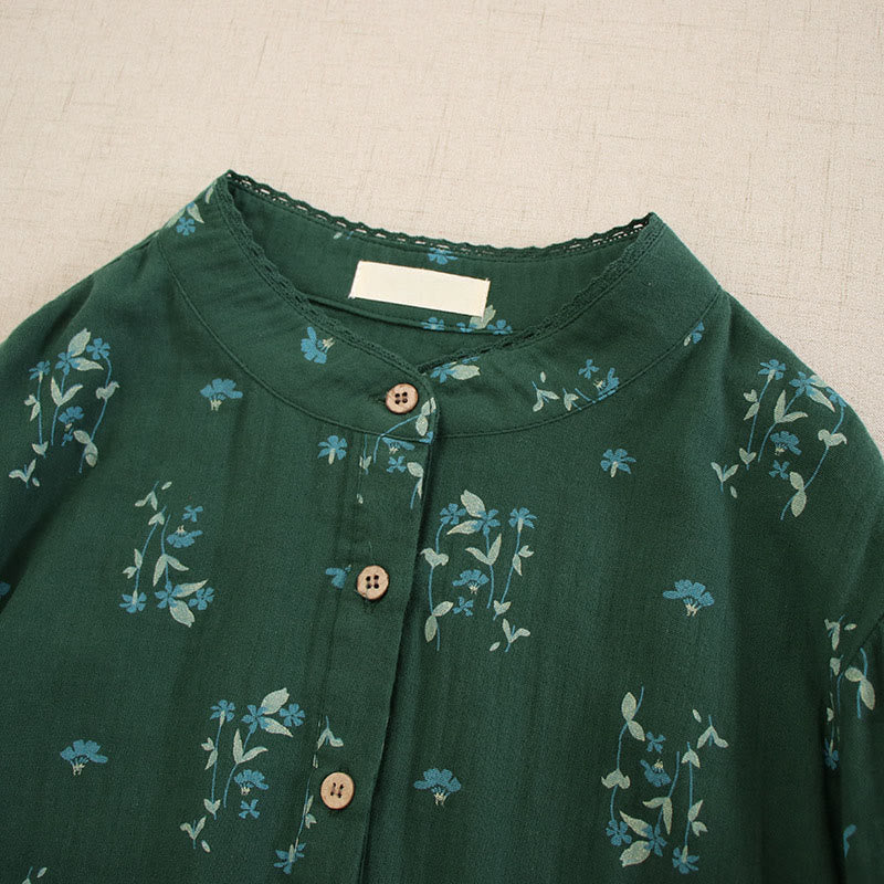 Nimara Ritual Spring Small Floral Print Buttons Design Crew Neck Long Sleeve Midi Dress With Pockets