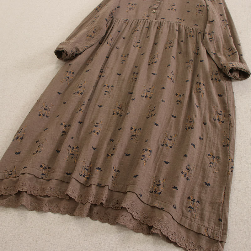 Nimara Ritual Spring Small Floral Print Buttons Design Crew Neck Long Sleeve Midi Dress With Pockets