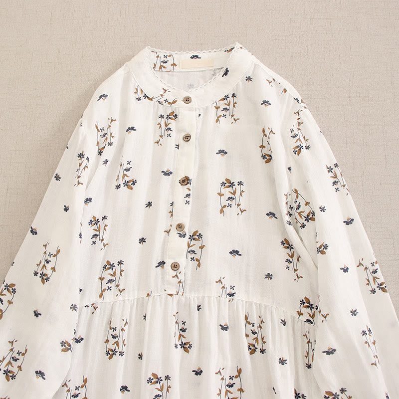 Nimara Ritual Spring Small Floral Print Buttons Design Crew Neck Long Sleeve Midi Dress With Pockets