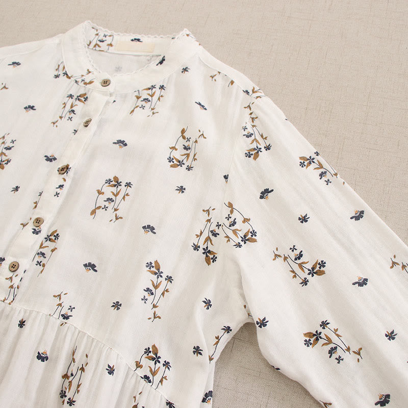 Nimara Ritual Spring Small Floral Print Buttons Design Crew Neck Long Sleeve Midi Dress With Pockets