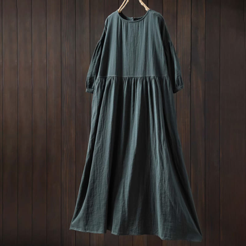 Nimara Ritual Summer Solid Color Crew Neck Half Sleeve Cotton Midi Dress With Pockets