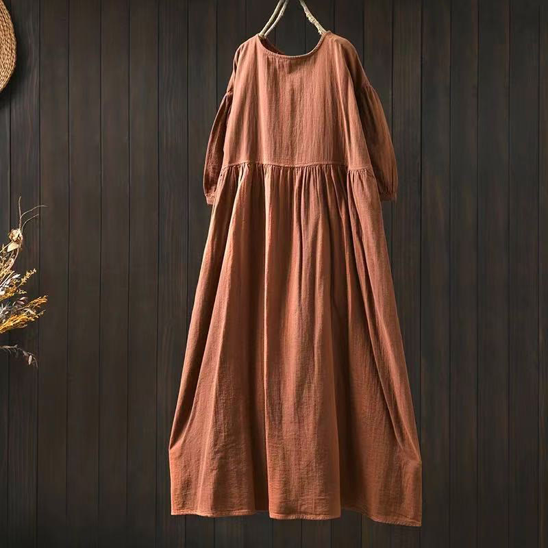 Nimara Ritual Summer Solid Color Crew Neck Half Sleeve Cotton Midi Dress With Pockets