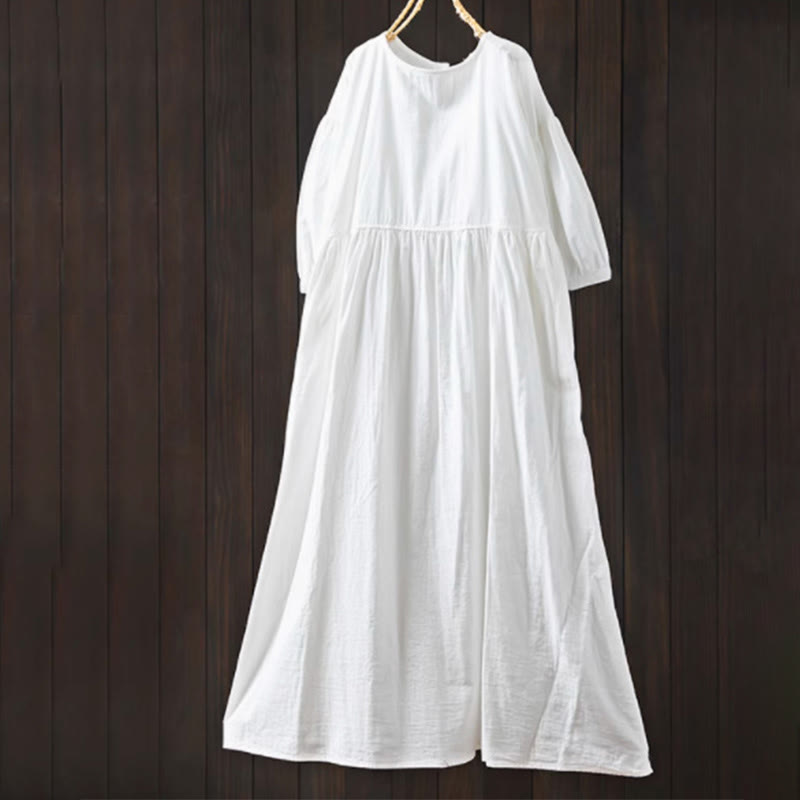 Nimara Ritual Summer Solid Color Crew Neck Half Sleeve Cotton Midi Dress With Pockets