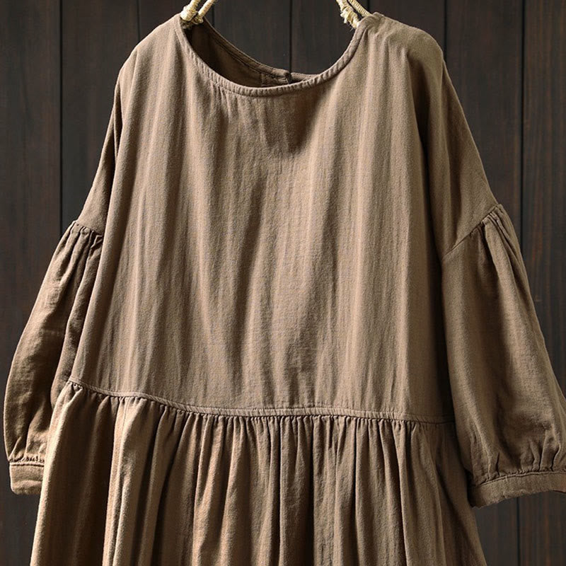 Nimara Ritual Summer Solid Color Crew Neck Half Sleeve Cotton Midi Dress With Pockets