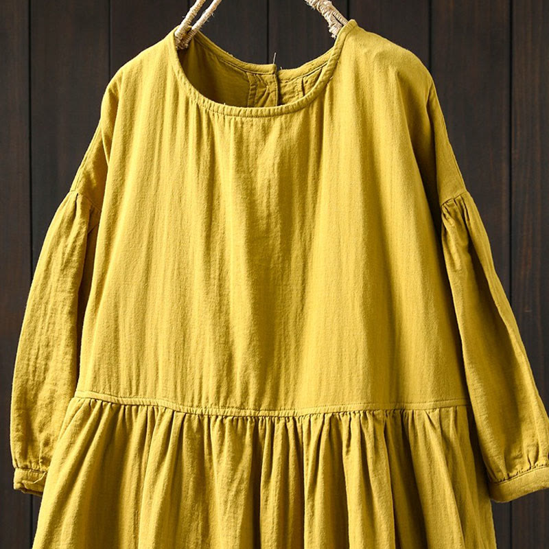 Nimara Ritual Summer Solid Color Crew Neck Half Sleeve Cotton Midi Dress With Pockets