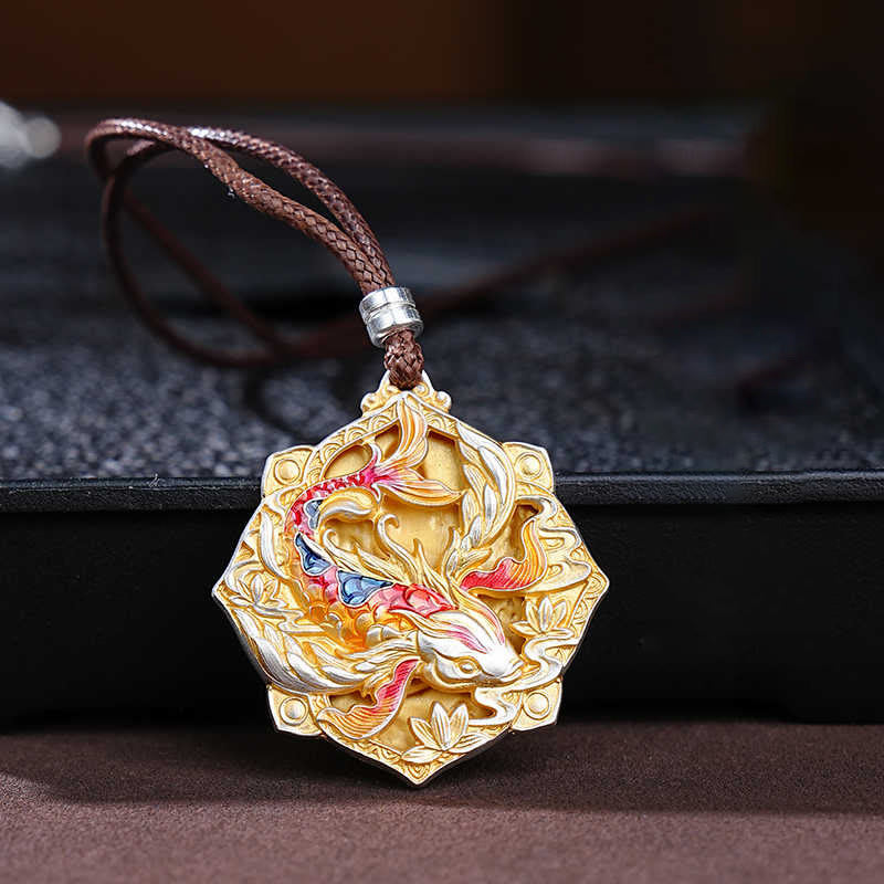 Nimara Ritual 999 Sterling Silver Colorful Koi Fish Carved Luck Necklace Pendant