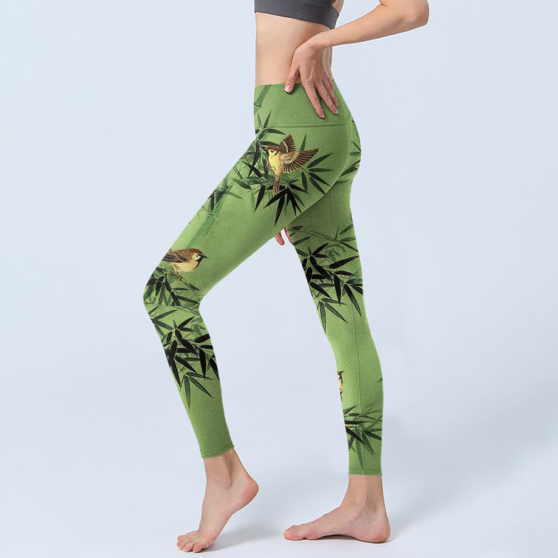 Nimara Ritual Elegant Bird Bamboo Leaf Pattern Print Gym Leggings Women's Yoga Pants