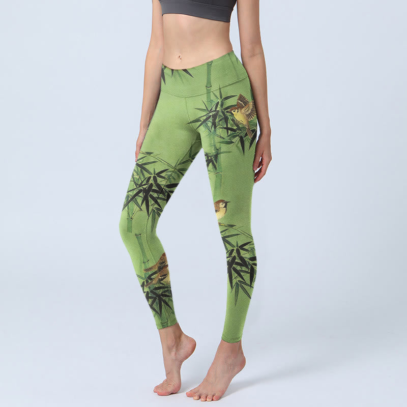 Nimara Ritual Elegant Bird Bamboo Leaf Pattern Print Gym Leggings Women's Yoga Pants