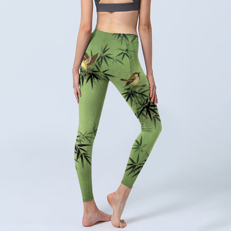 Nimara Ritual Elegant Bird Bamboo Leaf Pattern Print Gym Leggings Women's Yoga Pants