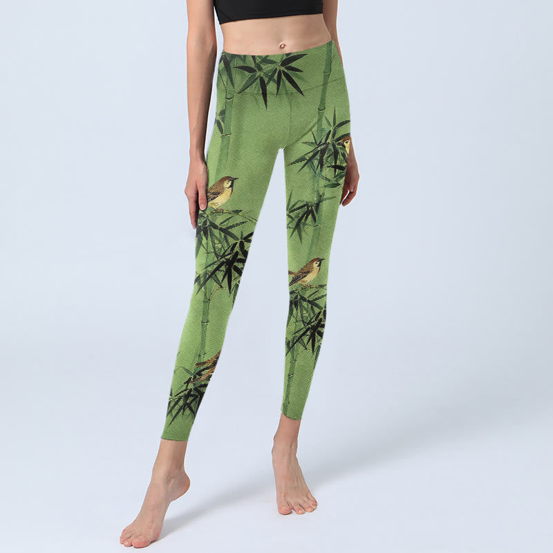 Nimara Ritual Elegant Bird Bamboo Leaf Pattern Print Gym Leggings Women's Yoga Pants