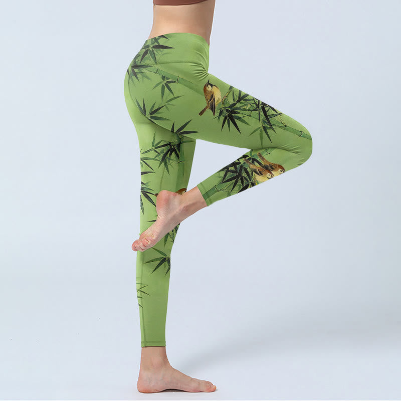 Nimara Ritual Elegant Bird Bamboo Leaf Pattern Print Gym Leggings Women's Yoga Pants
