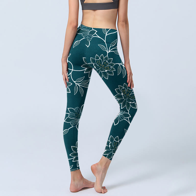 Nimara Ritual Retro Elegant Flower Leaf Pattern Print Gym Leggings Women's Yoga Pants