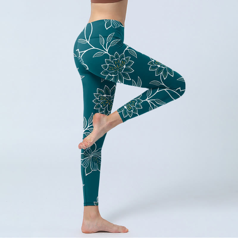 Nimara Ritual Retro Elegant Flower Leaf Pattern Print Gym Leggings Women's Yoga Pants