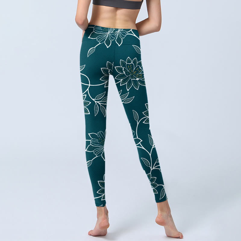 Nimara Ritual Retro Elegant Flower Leaf Pattern Print Gym Leggings Women's Yoga Pants