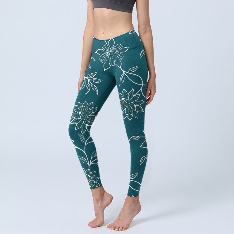 Nimara Ritual Retro Elegant Flower Leaf Pattern Print Gym Leggings Women's Yoga Pants