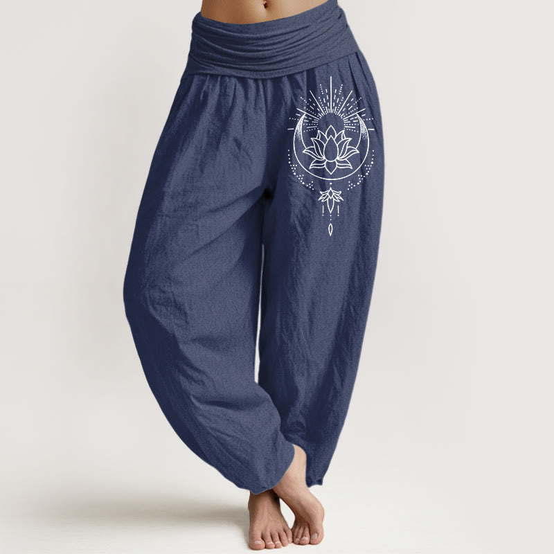 Nimara Ritual Pure Cotton Concise Lotus Flower Pattern Women's Elastic Waist Harem Pants